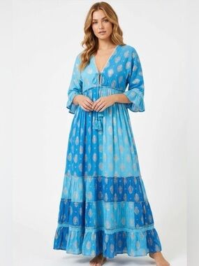 26413 Blue Tiered V-Neck Boho Maxi Dress with Tassel Tie